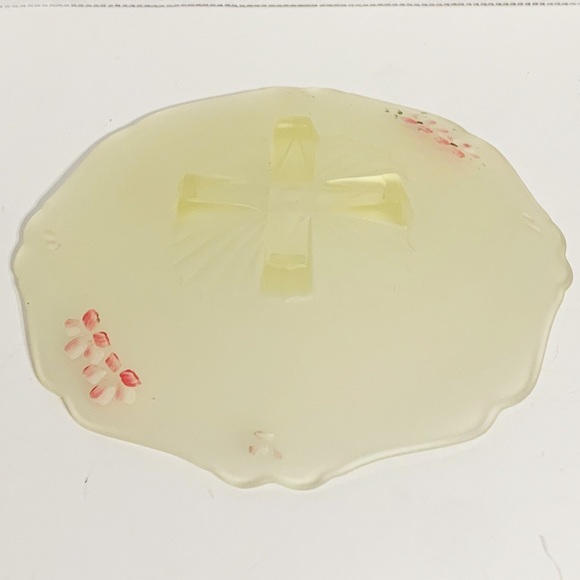 Depression Satin Glass Short Footed Compote Reverse Painted Floral Scallop Edge - Picture 3 of 13